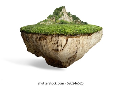 fantasy floating island with natural grass field on the rock, surreal float landscape with paradise concept