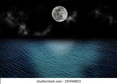 Fantasy Full Moon And High Tide Over Ocean With Clouds