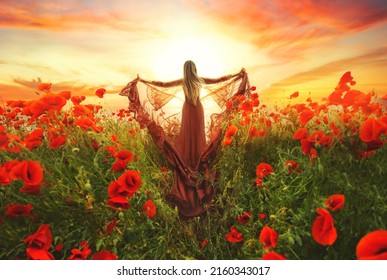 fantasy goddess woman queen in red silk dress. Happy girl princess praying hands raised to sky, bright magic light divine sun art dramatic sunset. Summer nature Field poppies flowers, Back rear view.