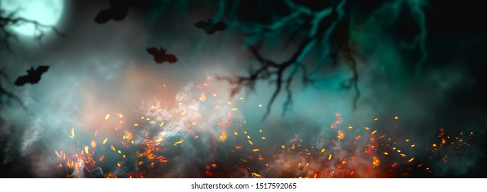Fantasy Halloween Background. Beautiful dark deep forest backdrop with smoke, fire, vampire bats. Halloween magic holiday collage Art design, mysterious Frame. Copy space for your text. Wide screen