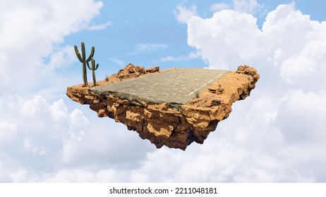 Fantasy island floating in the air with cloudy sky. Desert scene with asphalt road and cactus.