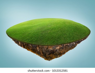 Fantasy island floating in the air with green field . Isolated on light blue background .