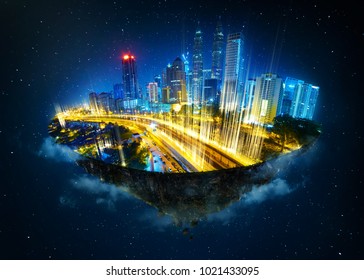 Fantasy island floating in the air with modern city skyline and network light came out from the ground ,modern city with wireless network connection concept  . Night scene .