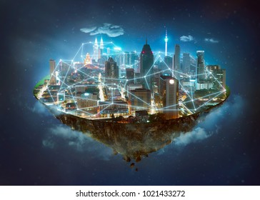 Fantasy island floating in the air with network wireless systems and internet of things , Smart city and communication network concept .
