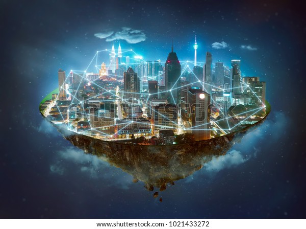 Fantasy island floating in the air with network\
wireless systems and internet of things , Smart city and\
communication network concept\
.
