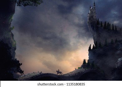 fantasy landscape with castle on cliff and hill in sunset sky background