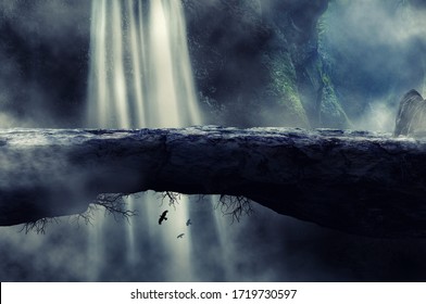     Fantasy landscape with the rock bridge and waterfall with fog in the background                         