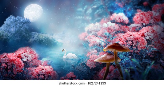 Fantasy magical enchanted fairy tale landscape with swan swimming in lake, fabulous fairytale blooming pink rose flower garden and mushrooms on mysterious blue background and glowing moon ray in night - Powered by Shutterstock