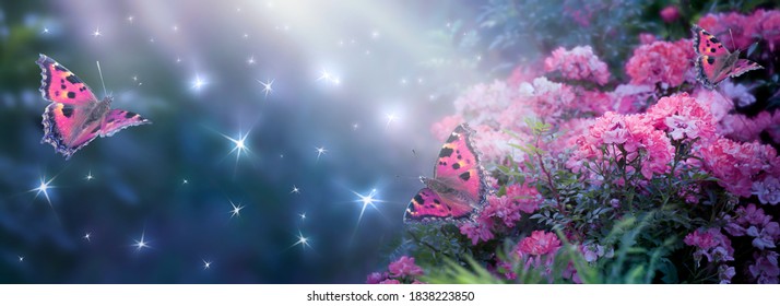 Fantasy Magical Enchanted Fairy Tale Dreamy Elf Forest with Fabulous Fairytale Blooming pink Rose Flower Garden and Butterflies on Mysterious Background, Shiny Glowing Stars and Moon Rays in Night