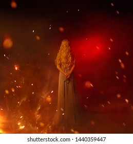 Fantasy Mistress Of Fire Red Room Full Flame Burning Sparks, Lady Long Curled White Blond Hair Wig  Braided Hairstale Vintage Dress, Girl Back Young Woman Highlights Heat Mysterious Woman Silhouette