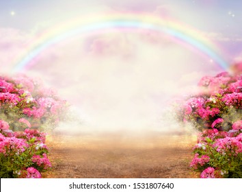 Fantasy panoramic photo background with pink rose garden, misty path leading to fabulous rainbow unicorn house. Idyllic tranquil morning scene and empty copy space. Road goes across hills to fairytale - Shutterstock ID 1531807640