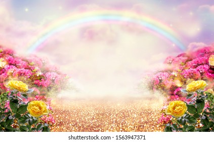 Fantasy panoramic photo background with pink and yellow rose garden, path leading to fabulous rainbow unicorn house. Idyllic tranquil morning scene and empty copy space. Road goes across fairy hills.