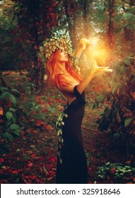 Fantasy photo of young redhair lady wizard outdoors