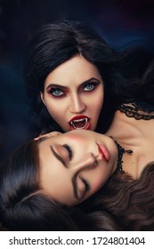 Fantasy Portrait Face Sexy Evil Vampire Woman Bites Eating Drinks Young Beauty Lady. Death Blonde Girl. Horror Night Halloween. Holiday Scary Bloody Makeup Red Lips Sharp Teeth Fangs In Open Mouth