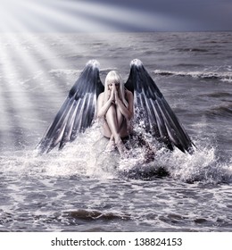 Fantasy Portrait Of Woman With Dark Angel Wings Praying While Sitting In  Spray Of  Sea During Storm