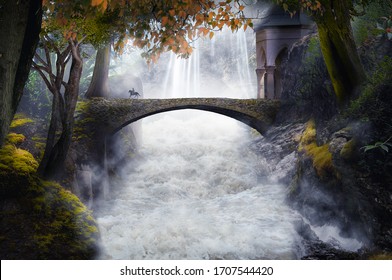 fantasy river with old stone bridge - Shutterstock ID 1707544420