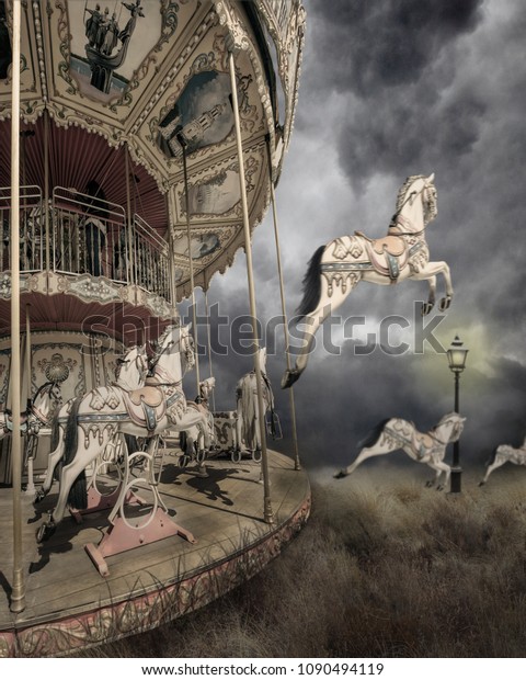 Afhængighed Klimaanlæg stykke Fantasy Scene Horses Jumping Off Carousel Stock Photo (Edit Now) 1090494119