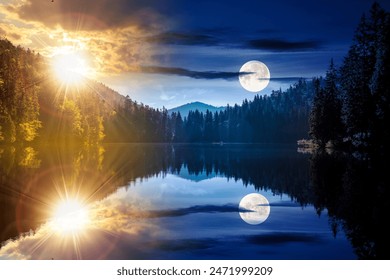 fantasy scenery with mountain lake among forest at summer solstice. landscape beneath a sky with sun and moon reflecting in the water. day and night time change concept - Powered by Shutterstock