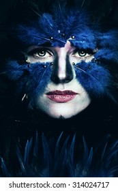 Fantasy Stage Makeup. Woman With Art Makeup. Blue Bird Face