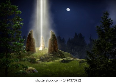 Fantasy stone temple in the forest at night