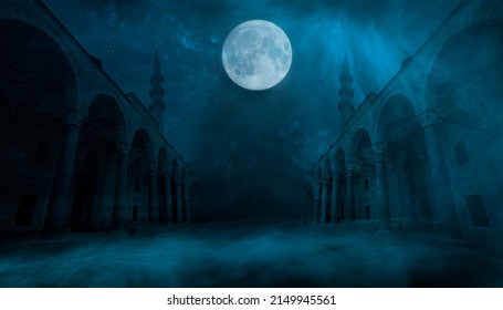 
Fantasy street landscape. Night dark old street, moonlight blue neon. Stone wall, concrete, limestone. Empty street night scene. Night dark street of the old city. - Shutterstock ID 2149945561
