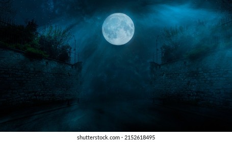 Fantasy street landscape. Night dark old street, moonlight blue neon. Stone wall, concrete, limestone. Empty street night scene. Night dark street of the old city. - Shutterstock ID 2152618495