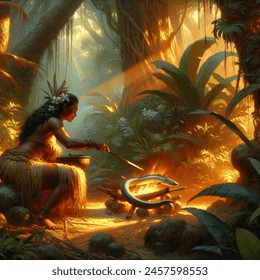 Fantasy style art. dnd style art. a full height image of a polynesian native jungle woman cooking an electric eel for dinner. the background is a dense forest jungle