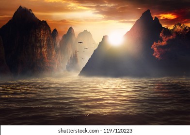 Fantasy Sunset Of Mountain And Castle 