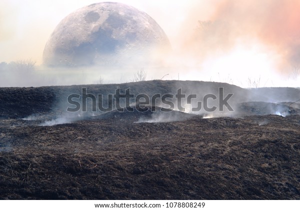 fantasy\
surface of another planet with charred and burned earth and smoke\
with a view of the moon and a lonely tree.\
