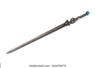 Fantasy sword, a dragon-shaped metal handle With a blue crystal ball at the end Damascus blade, pattern on the surface is caused by multiple folds of steel. Isolated in white background.
