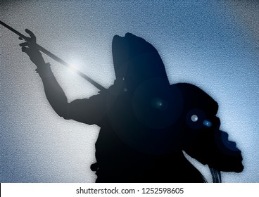 Fantasy Sword Warrior Man Portrait Silhoutte. Sephiroth With Katana And Long Hair Silhoutte Background