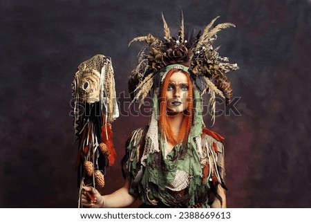 Fantasy tribal shaman woman close up in crown 