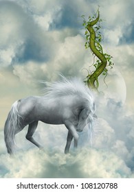 Fantasy White Horse In The Sky With Green Branch