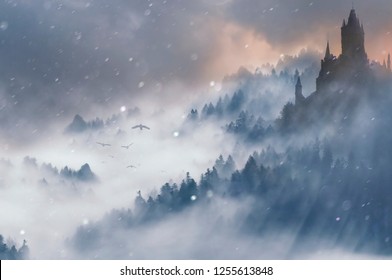 fantasy winter with foggy castle on hill and forest