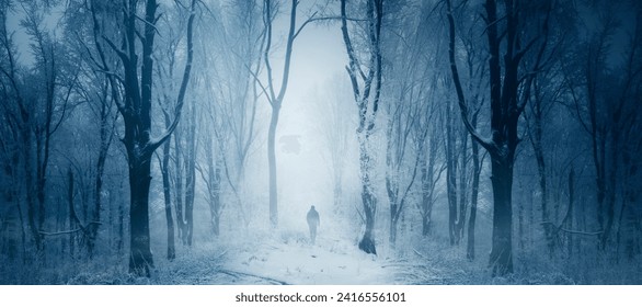 fantasy winter forest landscape with man silhouette - Powered by Shutterstock