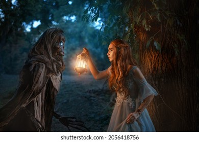 Fantasy woman elf walks in night forest, holding lantern in hands. Girl is hunted by dark fairy demon, ghost Death, black skeleton skull in gothic cloak hood. Long elven ears, beautiful face red hair