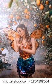 Fantasy Woman Fairy Walks In Jungle. Dream Girl In Carnival Costume Bright Orange Monarch Butterfly Wings. Blue Shiny Short Multi-colored Dress. Background Garden Lemons Fruits Green Tree Mystical Fog