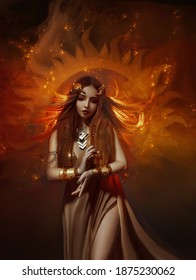 Fantasy woman goddess in a gold dress, a crown on head. Girl queen in the image of the burning sun of the universe, flame, sparks. Fashion model posing, creative pagan makeup, silk clothes. Art photo.