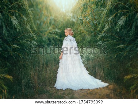 Fantasy woman Queen in white medieval dress with feathers. Creative clothes long cape, royal vintage cloak with train. Greek Goddess swan bird. Art photography. Green forest tree. image trendy bride