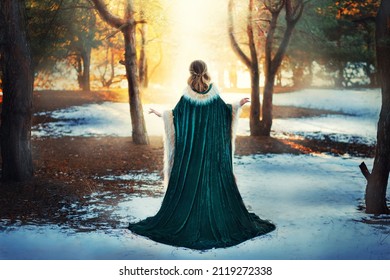 Fantasy woman walks in winter forest. Princess girl. Green long vintage coat fur. Mystical image back rear view silhouette wanderer stroll along path adventures. Nature pine tree snow sun divine light