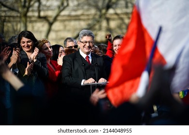 The far left-wing candidate Jean-Luc Melenchon (La France Insoumise, LFI) delivers a speech during his meeting three weeks before the presidential election, in Paris, France, on March 20, 2022.