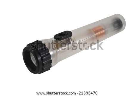 Faraday induction flashlight, no battery, shake to charge.  Isolated on white background with clipping path