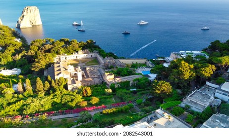 Faraglioni From Capri Town In Capri, Italy. Aerial View From Drone