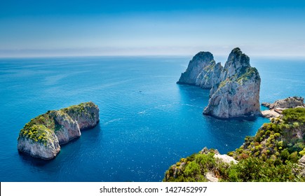 Faraglioni Rocks View From Hiking Pass Along  Capri Coastline , Italy.