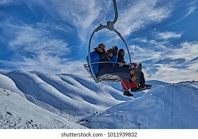 Faraya, Keserwan / Lebanon - 01 22 2017: Family On The Ski Lift