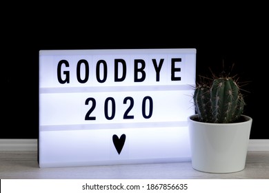 Farewell To A Bad Year 2020. Lightbox With Goodbye Message And Potted Cactus.