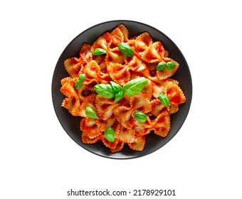 Farfalle, cooked pasta Italiano with tomato sauce and basil green leaves, top view, isolated on white background with clipping path. - Powered by Shutterstock