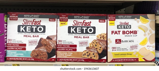 Fargo North Dakota USA, March 25, 2021, A Verity Of Slim Fast Keto Products On The Shelve At A Grocery Store.
