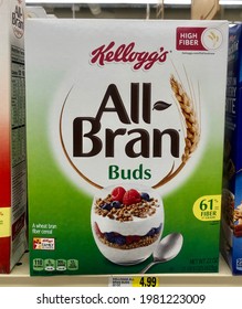 Fargo North Dakota USA, May 26, 2021,  A Box Of Kellogg's All-Bran Buds On The Shelve At The Grocery Store.