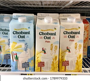 Fargo North Dakota/USA, August 04 , 2020,Several Cartons Of Chobani Oat Milk On Shelve At A Grocery Store . 